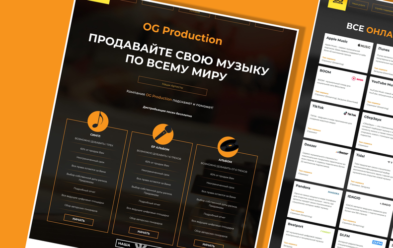 Сайт музыкального дистрибьютора + личный кабинет исполнителя «OG Production»